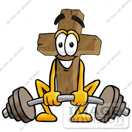 #23517 Clip Art Graphic of a Wooden Cross Cartoon Character Lifting a Heavy Barbell by toons4biz