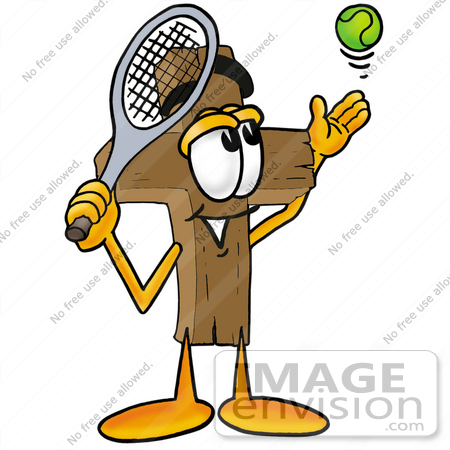 #23520 Clip Art Graphic of a Wooden Cross Cartoon Character Preparing to Hit a Tennis Ball by toons4biz