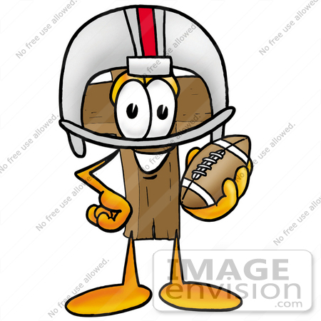 #23521 Clip Art Graphic of a Wooden Cross Cartoon Character in a Helmet, Holding a Football by toons4biz