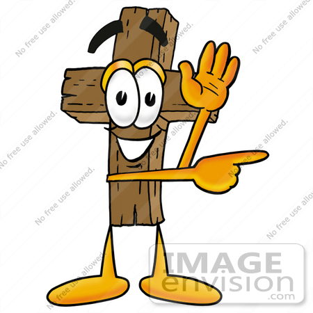#23524 Clip Art Graphic of a Wooden Cross Cartoon Character Waving and Pointing by toons4biz