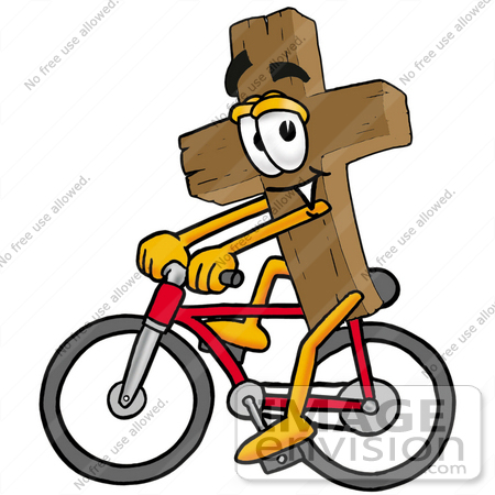 #23530 Clip Art Graphic of a Wooden Cross Cartoon Character Riding a Bicycle by toons4biz