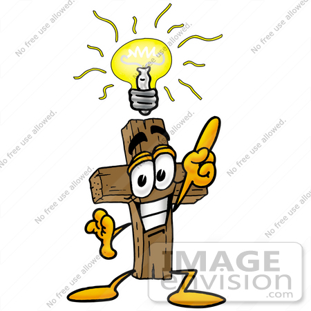 #23531 Clip Art Graphic of a Wooden Cross Cartoon Character With a Bright Idea by toons4biz