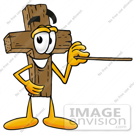 #23532 Clip Art Graphic of a Wooden Cross Cartoon Character Holding a Pointer Stick by toons4biz