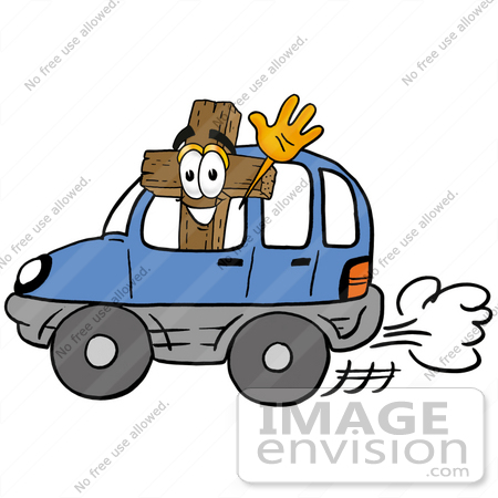 #23541 Clip Art Graphic of a Wooden Cross Cartoon Character Driving a Blue Car and Waving by toons4biz