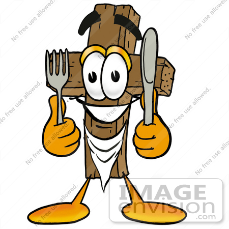 #23542 Clip Art Graphic of a Wooden Cross Cartoon Character Holding a Knife and Fork by toons4biz