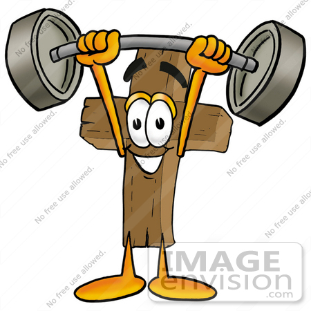 #23554 Clip Art Graphic of a Wooden Cross Cartoon Character Holding a Heavy Barbell Above His Head by toons4biz