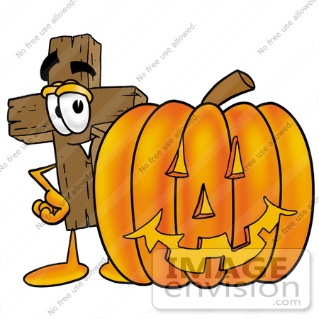 #23555 Clip Art Graphic of a Wooden Cross Cartoon Character With a Carved Halloween Pumpkin by toons4biz