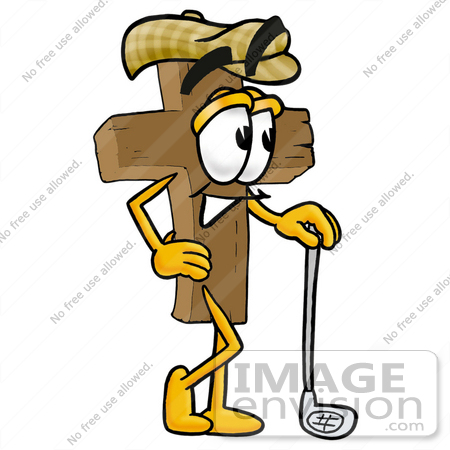 #23558 Clip Art Graphic of a Wooden Cross Cartoon Character Leaning on a Golf Club While Golfing by toons4biz
