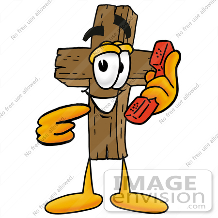 #23559 Clip Art Graphic of a Wooden Cross Cartoon Character Holding a Telephone by toons4biz
