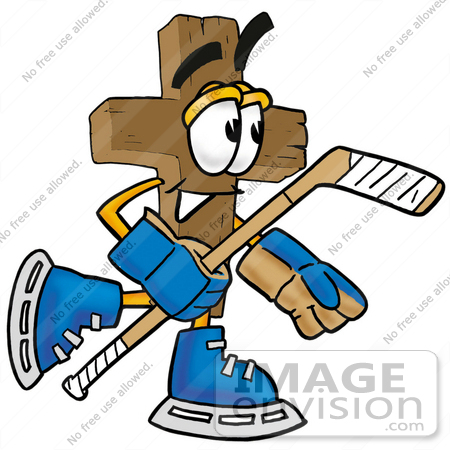 #23562 Clip Art Graphic of a Wooden Cross Cartoon Character Playing Ice Hockey by toons4biz