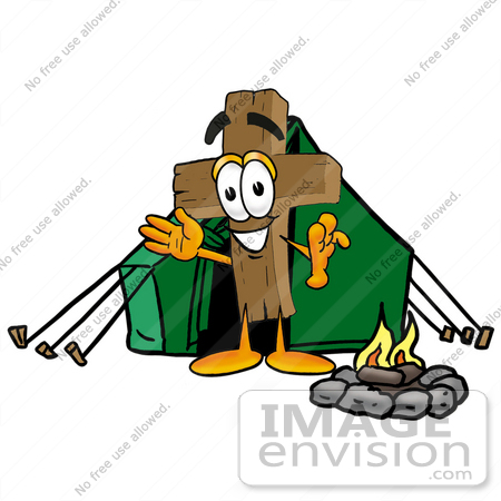 #23563 Clip Art Graphic of a Wooden Cross Cartoon Character Camping With a Tent and Fire by toons4biz