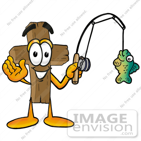 #23566 Clip Art Graphic of a Wooden Cross Cartoon Character Holding a Fish on a Fishing Pole by toons4biz
