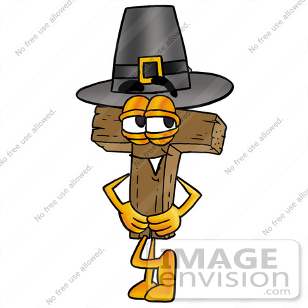 #23567 Clip Art Graphic of a Wooden Cross Cartoon Character Wearing a Pilgrim Hat on Thanksgiving by toons4biz
