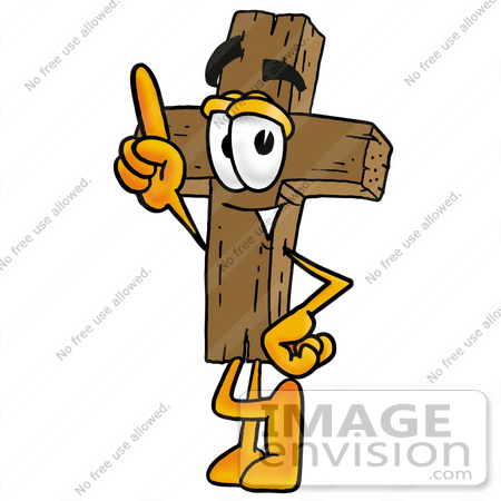 #23568 Clip Art Graphic of a Wooden Cross Cartoon Character Pointing Upwards by toons4biz