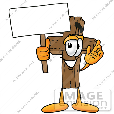 #23571 Clip Art Graphic of a Wooden Cross Cartoon Character Holding a Blank Sign by toons4biz