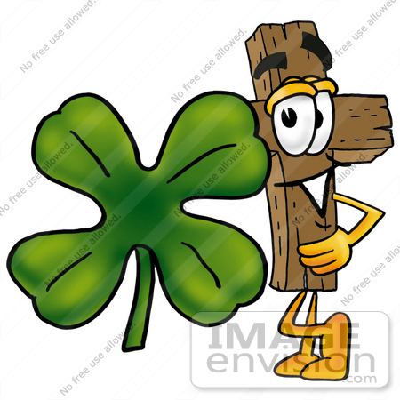 #23572 Clip Art Graphic of a Wooden Cross Cartoon Character With a Green Four Leaf Clover on St Paddy’s or St Patricks Day by toons4biz