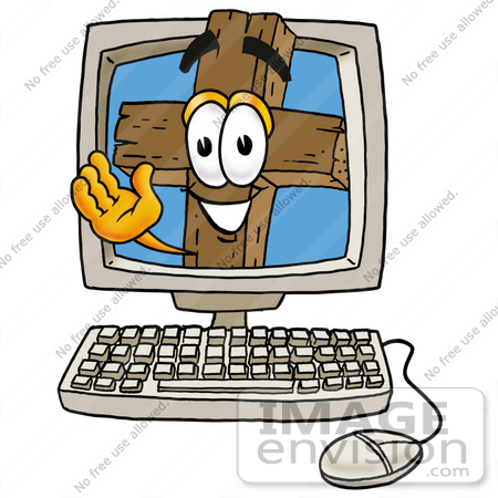 #23574 Clip Art Graphic of a Wooden Cross Cartoon Character Waving From Inside a Computer Screen by toons4biz