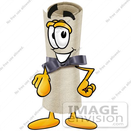 #23580 Clip Art Graphic of a Rolled Diploma Certificate Cartoon Character Pointing at the Viewer by toons4biz