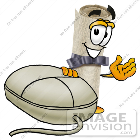 #23584 Clip Art Graphic of a Rolled Diploma Certificate Cartoon Character With a Computer Mouse by toons4biz