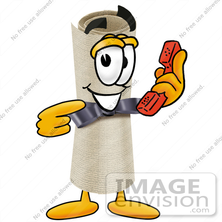 #23586 Clip Art Graphic of a Rolled Diploma Certificate Cartoon Character Holding a Telephone by toons4biz