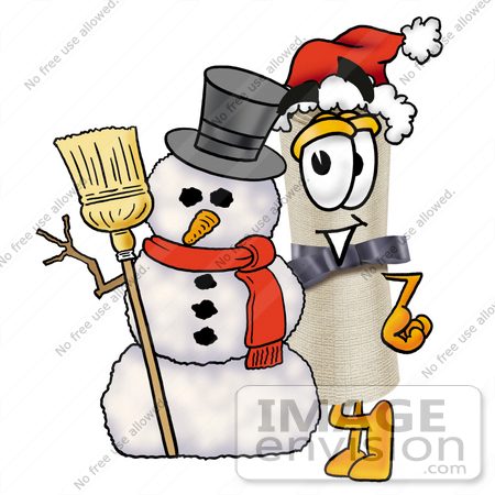 #23593 Clip Art Graphic of a Rolled Diploma Certificate Cartoon Character With a Snowman on Christmas by toons4biz