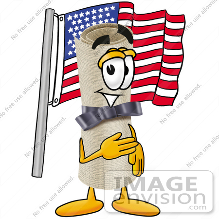 #23604 Clip Art Graphic of a Rolled Diploma Certificate Cartoon Character Pledging Allegiance to an American Flag by toons4biz
