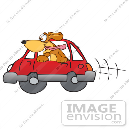 #23617 Clip Art Graphic of a Cute Brown Hound Dog Cartoon Character Riding in a Red Car by toons4biz