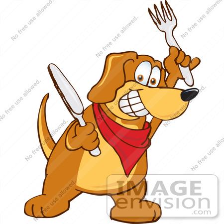 #23630 Clip Art Graphic of a Hungry Brown Hound Dog Cartoon Character Holding a Knife and Fork by toons4biz