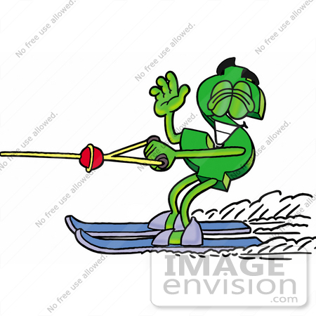 #23648 Clip Art Graphic of a Green USD Dollar Sign Cartoon Character Waving While Water Skiing by toons4biz