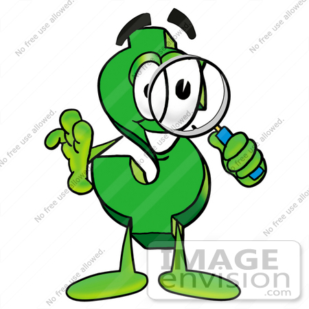 #23654 Clip Art Graphic of a Green USD Dollar Sign Cartoon Character Looking Through a Magnifying Glass by toons4biz