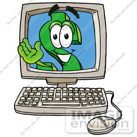 #23658 Clip Art Graphic of a Green USD Dollar Sign Cartoon Character Waving From Inside a Computer Screen by toons4biz