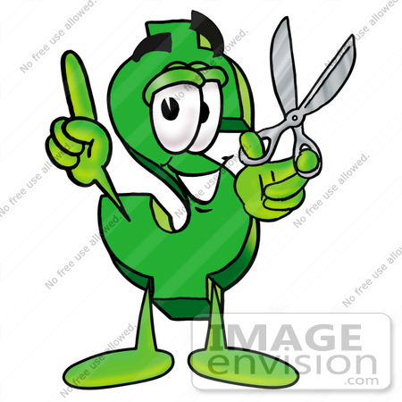 #23664 Clip Art Graphic of a Green USD Dollar Sign Cartoon Character Holding a Pair of Scissors by toons4biz