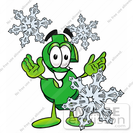 #23671 Clip Art Graphic of a Green USD Dollar Sign Cartoon Character With Three Snowflakes in Winter by toons4biz