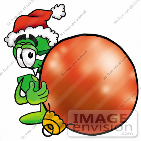 #23679 Clip Art Graphic of a Green USD Dollar Sign Cartoon Character Wearing a Santa Hat, Standing With a Christmas Bauble by toons4biz