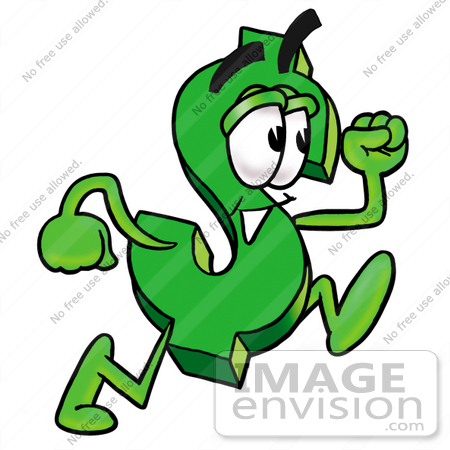 #23681 Clip Art Graphic of a Green USD Dollar Sign Cartoon Character Running by toons4biz