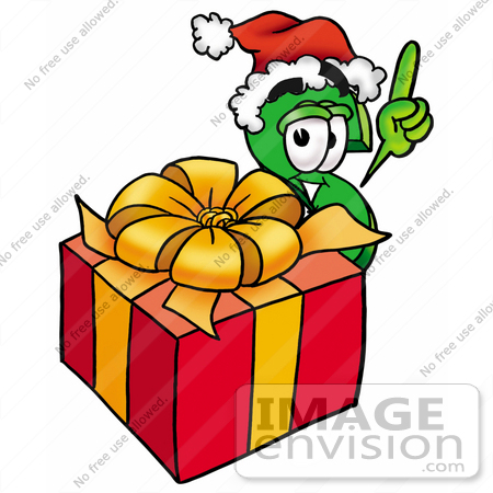 #23682 Clip Art Graphic of a Green USD Dollar Sign Cartoon Character Standing by a Christmas Present by toons4biz