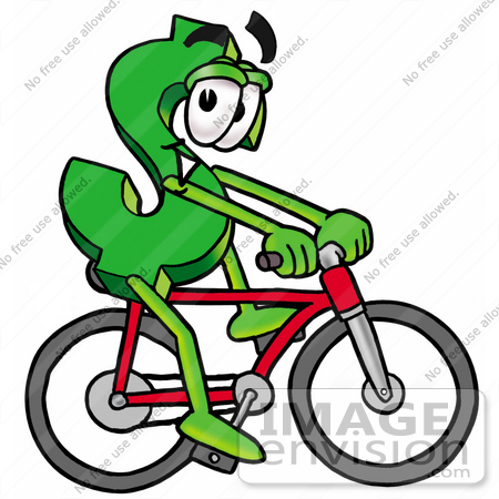 #23688 Clip Art Graphic of a Green USD Dollar Sign Cartoon Character Riding a Bicycle by toons4biz
