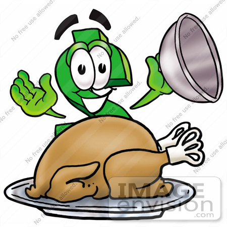 #23697 Clip Art Graphic of a Green USD Dollar Sign Cartoon Character Serving a Thanksgiving Turkey on a Platter by toons4biz