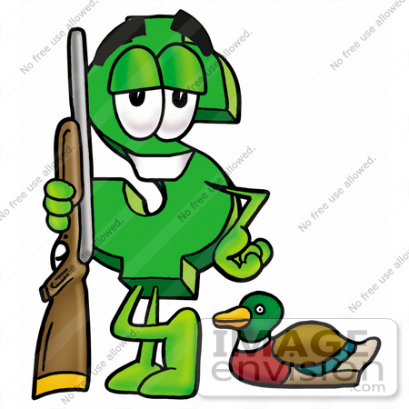 #23708 Clip Art Graphic of a Green USD Dollar Sign Cartoon Character Duck Hunting, Standing With a Rifle and Duck by toons4biz