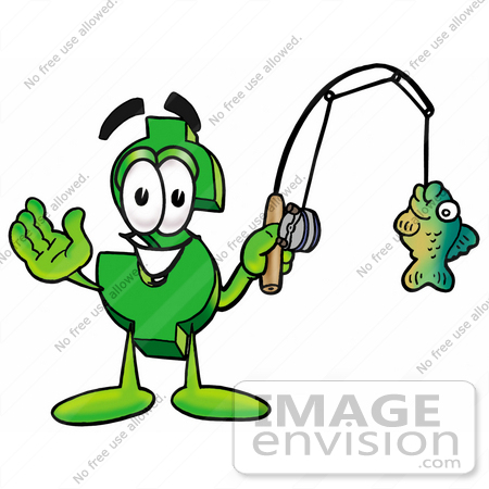 #23711 Clip Art Graphic of a Green USD Dollar Sign Cartoon Character Holding a Fish on a Fishing Pole by toons4biz
