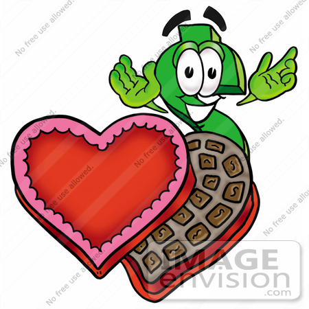 #23720 Clip Art Graphic of a Green USD Dollar Sign Cartoon Character With an Open Box of Valentines Day Chocolate Candies by toons4biz