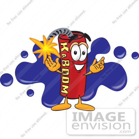 #23724 Clip Art Graphic of a Stick of Red Dynamite Cartoon Character Logo With Blue Paint Splatters by toons4biz