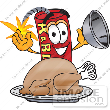 #23742 Clip Art Graphic of a Stick of Red Dynamite Cartoon Character Serving a Thanksgiving Turkey on a Platter by toons4biz