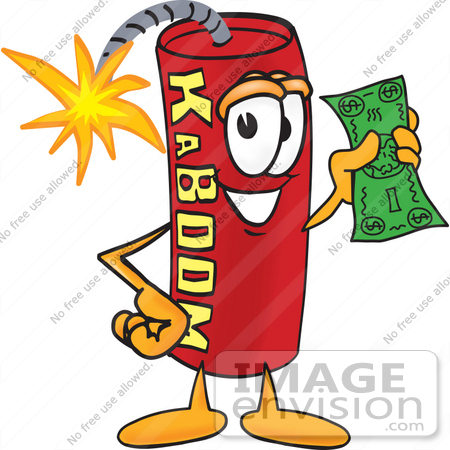 #23744 Clip Art Graphic of a Stick of Red Dynamite Cartoon Character Holding a Dollar Bill by toons4biz