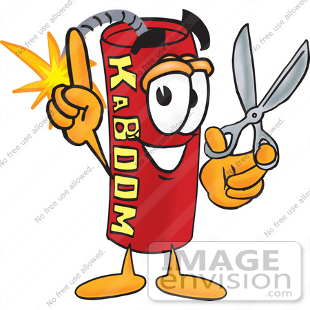 #23745 Clip Art Graphic of a Stick of Red Dynamite Cartoon Character Holding a Pair of Scissors by toons4biz