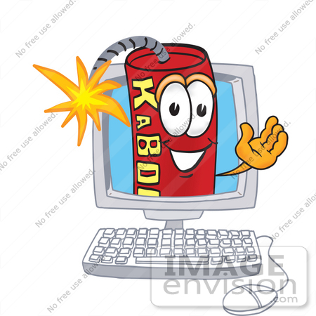 #23749 Clip Art Graphic of a Stick of Red Dynamite Cartoon Character Waving From Inside a Computer Screen by toons4biz