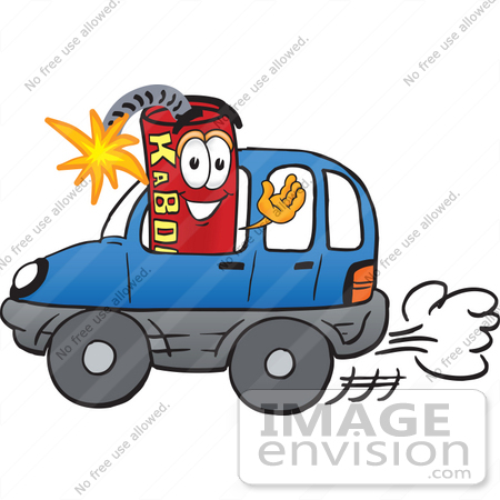 #23757 Clip Art Graphic of a Stick of Red Dynamite Cartoon Character Driving a Blue Car and Waving by toons4biz