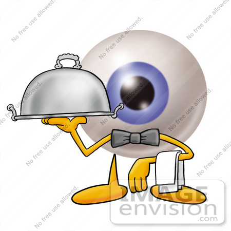 #23789 Clip Art Graphic of a Blue Eyeball Cartoon Character Dressed as a Waiter and Holding a Serving Platter by toons4biz