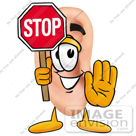 #23794 Clip Art Graphic of a Human Ear Cartoon Character Holding a Stop Sign by toons4biz