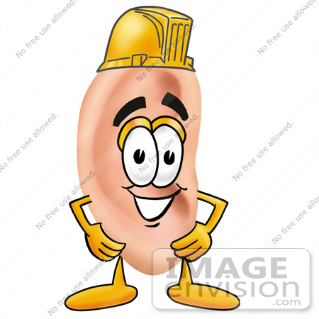 #23813 Clip Art Graphic of a Human Ear Cartoon Character Wearing a Hardhat Helmet by toons4biz